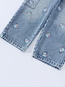 SHEIN ChillGRL Quần Jeans Denim Rộng Có Dây Rút In Hình Hoạt Hình Dễ Thương Cho Bé Gái - Rửa nhẹ - Xem 6