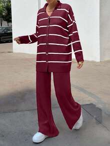 Women Striped Sweater Cardigan And Pant Set,Petite Co Ord,Co Ord,Petite,Winter Clothes - Burgundy - View 6