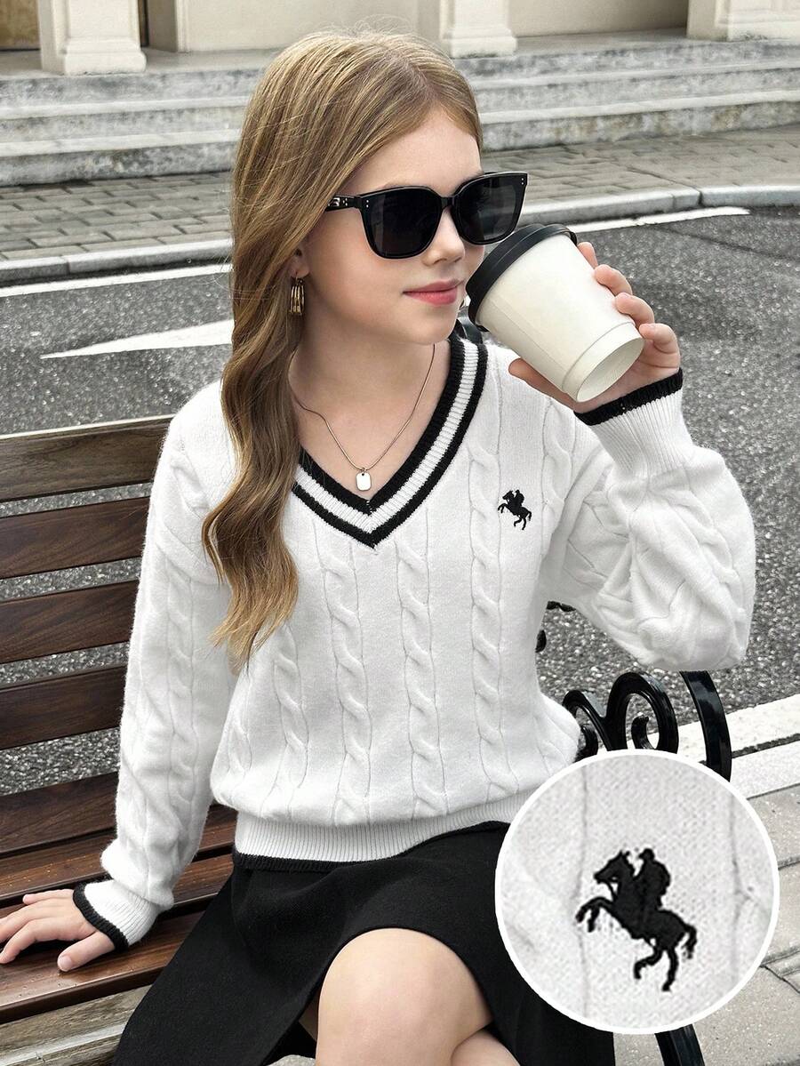 SHEIN Serisse Kids Tween Girl Solid White Wit Black Stripe Detail V-Neck Striped Cable Knit Casual Embroidered Autumn Winter, Back To School, Daily Wear White Cable Knit Sweater Varsity Sweaters White Sweater Teen Girl Tween Sweater Preppy Clothes For Girls Tween Sweaters Aesthetic Preppy Clothes White Sweater Tween, For Autumn Winter ,Preppy Sweater Uniform Girl Sweaters Tween Teen Girl Sweater Tween Girl Sweater - White - View 1