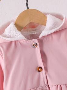 SHEIN Vintaside Kids Toddler Girls' Coffee Plush Lined Hooded Khaki Long Sleeve Jacket, Fashionable & Versatile For Autumn/Winter - Pink - View 3