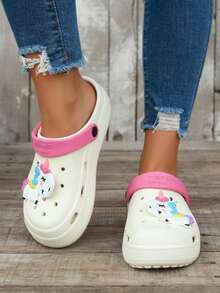 Sandalia tipo  para niña con unicornio, punta redonda, correa trasera, antideslizante, estilo casual para casa y exterior - Beis - Ver 2