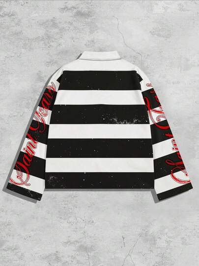 Street Life T-shirt imprimé à manches longues avec col rayé, style décontracté universitaire, automne