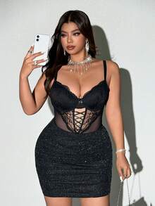 Viva Relle 大码女式黑色蕾丝性感镂空弹力休闲时尚针织衫，百搭叠穿单品，适合年轻优雅性感的穿搭，情人节必备 - 黑色 - 查看 4