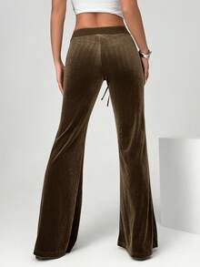 SHEIN EZwear Women's Brown Velvet Casual Pants, Simple & Fashionable For Everyday Wear