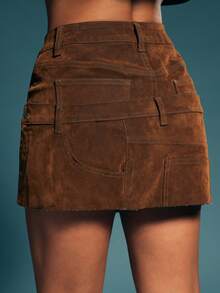 Denimoi 双腰分层天鹅绒牛仔迷你裙秋冬时尚性感时尚 - 棕色 - 查看 5