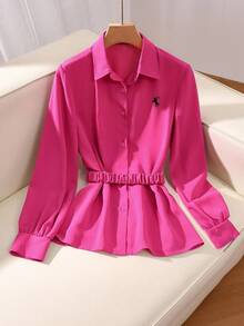 Franclia Women's Casual/Office Commute Equestrian Embroidery Elastic Drawstring Long Sleeve Shirt, Spring/Autumn - Hot Pink - View 1