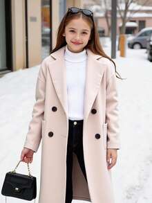 SHEIN Tween Girls Lapel Neck Drop Shoulder Double Breasted Dual Pocket Overcoat, Late Fall Casual Double Button, Pocket Drop Shoulder Lapel Regular Fit Beige Plain Overcoats, Casual Daily Wear Girl Coat Tween Dress Coat Fall Coat For Tween Girls Girl Winter Clothes - Apricot - View 9