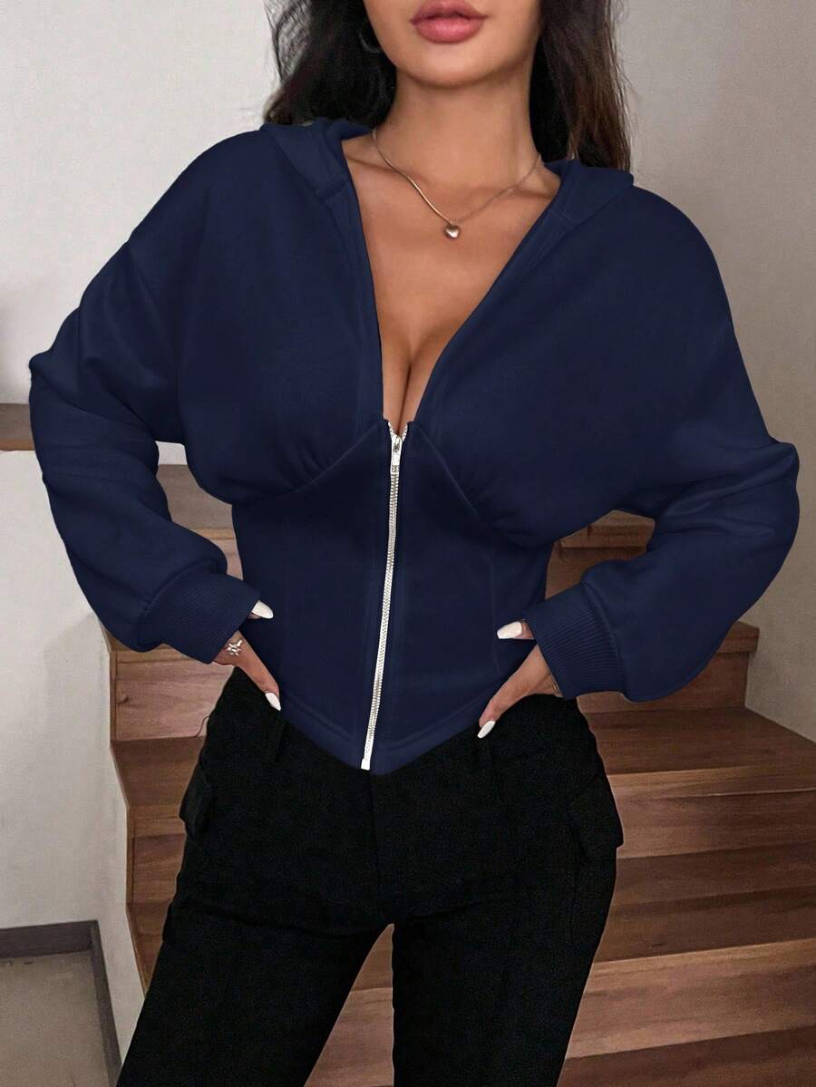 SHEIN EZwear 秋冬季拉链不对称下摆短款卫衣，深蓝色上衣，宝蓝色上衣，女式藏蓝色衬衫，女式藏蓝色上衣，性感女式衬衫 - 藏蓝色 - 查看 1