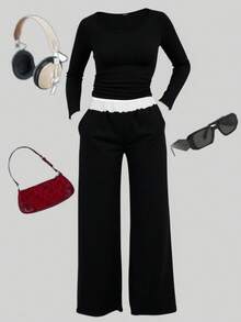SHEIN Set de 2 piezas: Camiseta de manga larga de color negro sólido y pantalón de chándal de color contrastante para adolescentes, conjunto básico y versátil adecuado para ir al trabajo, la escuela, uso diario casual, viajes, actividades al aire libre, fiestas, otoño/invierno