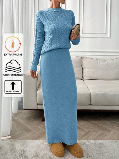 SHEIN Sweter z wzorem kablowym i prosta spódnica midi w komplecie Elegancki prosty