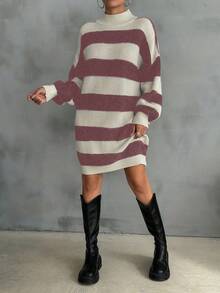 EURMUSE Vestido de suéter con caída de hombros y patrón a rayas para mujeres - Multicolor - Ver 3