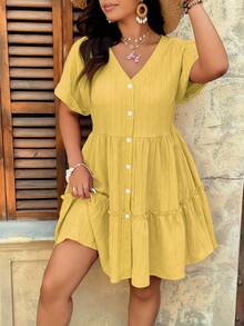 SHEIN Clasi Plus Size V-Neck Textured Fabric Raglan Short Sleeve A-Line Ruffle Hem Casual Vacation Commute Party Dress - Yellow - View 3