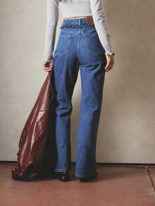 Aralina 女士休闲秋冬高腰喇叭牛仔裤，腰部有荷叶边，非常适合外出穿着 - 藍色 - 查看 2