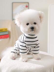 PETSIN 1pc Cat And Dog Universal Autumn And Winter Clothes, Black And White Striped Comfortable Jumpsuit, Winter Warm All Inclusive Belly Home Clothes Four Legged Clothes - 黑白條 - 查看 5