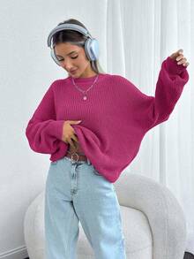 EURMUSE 女士纯色圆领落肩厚实套头衫 - 粉色 - 查看 4