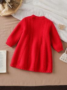 SHEIN 女婴纯色圆领休闲百搭长袖毛衣裙 - 紅色 - 查看 2