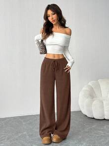 SHEIN EZwear Quần ống đứng ống đứng đơn sắc mới cho nữ, cạp chun co giãn, dây rút, dáng rộng, quần bó ống rộng màu nâu, quần ống rộng màu nâu, quần dệt kim, quần nỉ ống rộng màu nâu, quần dệt kim nữ, quần dệt kim ống rộng, quần dệt kim nữ, quần dệt kim màu nâu - màu nâu - Xem 3