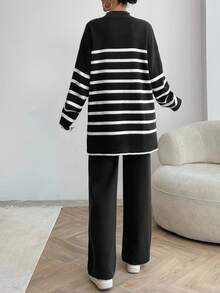 EURMUSE Women Stripe Pattern Button Detailed Round Neck Drop Shoulder Pullover & Sweater Pants Set - Black - View 2