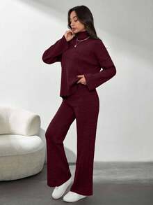 SHEIN Tall Solid Color Long-Sleeved Sweater And Knitted Trousers Two Pieces Set,Petite,Winter Clothes, Tall Women - Burgundy - View 6