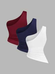 Conjunto de blusa para mujer con cuello asimétrico, un hombro y decoración de hebilla metálica, nuevo para primavera/verano, adecuado para vacaciones en la playa - Multicolor 7 - Ver 2