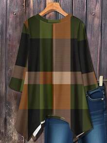 Mellowie Casual Asymmetrical Plaid Print Loose Long Sleeve T-Shirt For Plus Size, Spring & Autumn And Winter