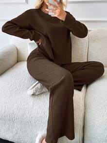 EURMUSE 100%Cotton Rib-Knit Drop Shoulder Tee & Pants - Chocolate Brown - View 5