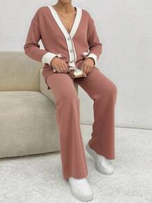 EURMUSE Ladies' Two Pieces Set Of Colorblock Cardigan With Rolled Edge And Drop Shoulder & Pants With Button Fly,Petite,Winter Clothes - Dusty Pink - View 4