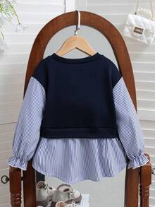 SHEIN 少女休闲字母图案条纹拼布卫衣，秋季 - 藍色 - 查看 2