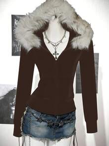 SHEIN ICON Women's Casual Retro Fitted Fur Collar Hooded Regular Jacket Autumn Winter Clothes For Women