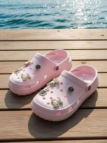 Chanclas para Mujer Estilo Casual con Encanto Metálico, Punta Redonda, Suela Gruesa, Verano, Para Playa y Diario - Rosa Pálido - Ver 3