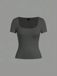 SHEIN EZwear Bộ 5 áo thun nữ cổ tròn tay ngắn màu trơn, kiểu dáng cơ bản, nhiều màu - Hồng - Xem 4