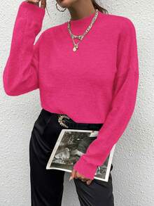 EMERY ROSE Women's Casual Solid Color Long Sleeve Pullover Sweater - Hot Pink - View 5