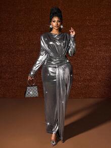 Maweii Váy dài tay thời trang cao cấp, sang trọng, bóng bẩy, cỡ lớn - Bạc - Xem 6