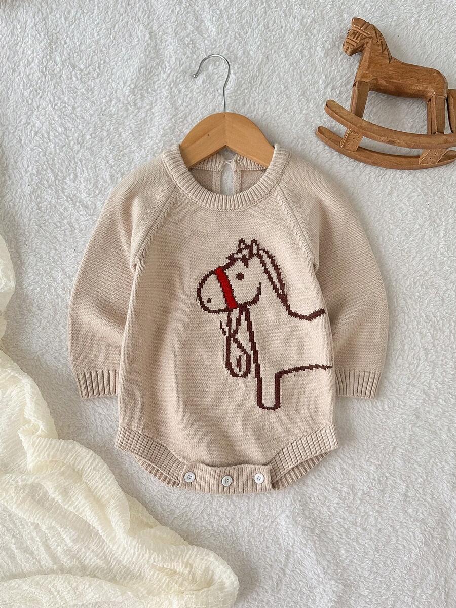 SHEIN Playful Pals Baby Boy Casual, Fashionable, Simple And Cute Khaki Knitted Bodysuit With Little Horse Pattern, Soft And Comfortable, Suitable For Daily Scenes, Suitable For Autumn And Winter - Khaki - View 1