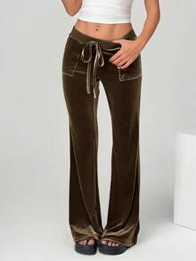SHEIN EZwear Women's Brown Velvet Casual Pants, Simple & Fashionable For Everyday Wear