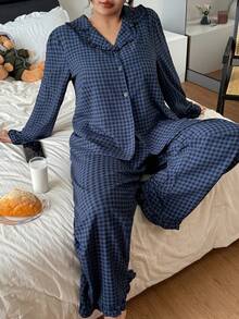 Plus Size Plaid Lapel Top & Pants Pajama Set Fall Winter Clothes - Multicolor - View 5