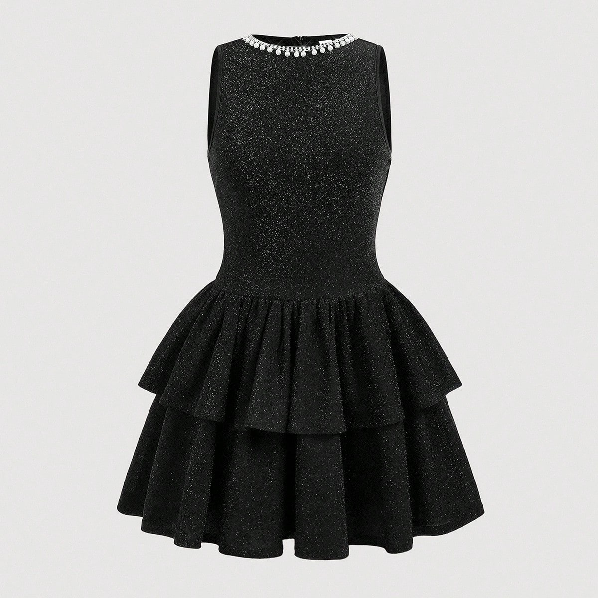 Vestido negro elegante sin mangas con volantes y falso perla para adolescentes