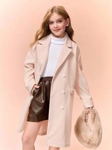 Tween Girls' Elegant Notched Collar Double-Breasted Long Sleeve Knee-Length Casual Jacket, Suitable For Autumn/Winter - Apricot - View 4