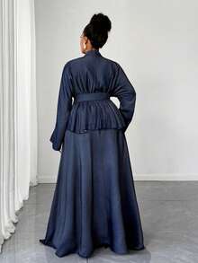 Maweii مجموعة قطعتين للمرأة بحجم كبير - ملابس علوية كم طويل مع تصميم حزام وتنورة متوسطة الطول، كاجوال - أزرق بحري - مشاهدة 3