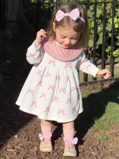 SHEIN Playful Pals 女婴秋冬新款服装，圆领荷叶边灯笼袖毛衣裙，时尚休闲百搭长袖毛衣裙