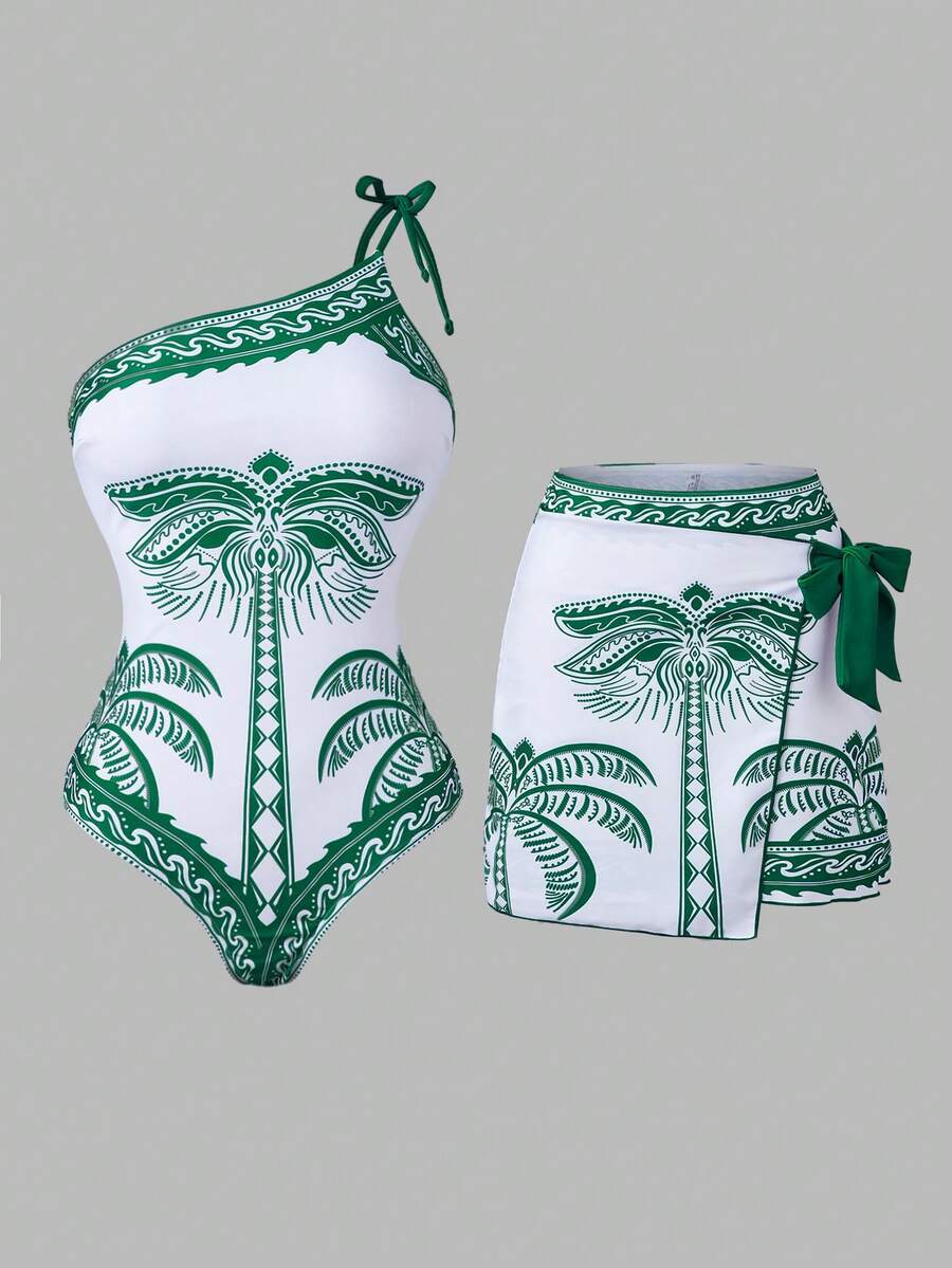 Swim Oasis 2025 Neuankömmling Modische Damen 2-teiliges Badeanzug Set mit grünem Palmenprint Monokini und Binderock / Elegante Damen Bademode / Resort Strandoutfit / Pool Outfit