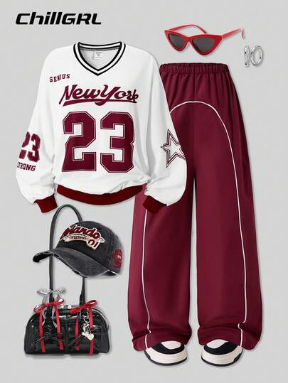 SHEIN 2pcs/Set Teen Girls V-Neck Letter Print Hoodie Sweatshirt And Cargo Pants Casual Outfit