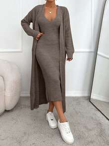 EURMUSE 2pcs Set Women Drop Shoulder Long Sleeve Knit Cardigan + Sleeveless Knit Dress - Mocha Brown - View 3