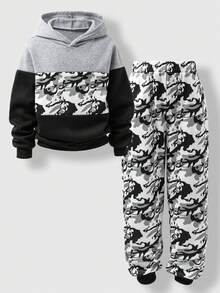 SHEIN Vacaura 男童服装连帽运动服上衣和裤子，迷彩撞色 - 男童秋冬服装 - 男童服装套装适合8-12岁 - 黑色 - 查看 2