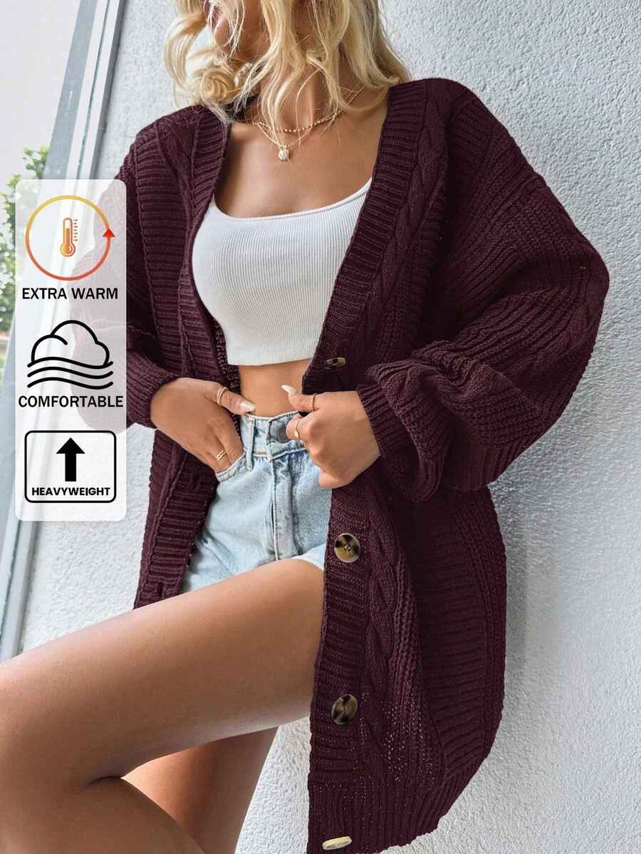 EURMUSE 1pc Women's Casual Daily Loose Single Button Drop Shoulder Cardigan, Autumn/Winter - Red Violet - View 1