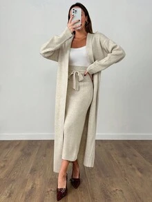 EURMUSE Woman Long Cardigan And Midi Skirt Two Piece Set Co-Ords Beige Two Piece Set Two Piece Lounge Set Beige Lounge Set Knit Two Piece Set Comfortable Two Piece Set,Winter Clothes Women,Winter Clothes,Autumn Outfits Women - Beige - View 4