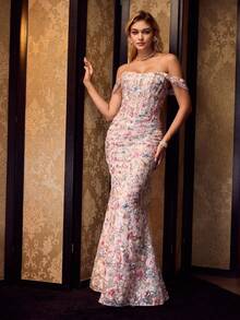 MOTF Soiréza ELEGANT OFF SHOULDER MAXI MERMAID GOWN WITH RANDOM FLORAL BEADED FABRIC, BACK LACE-UP & FORM-FITTING SILHOUETTE PERFECT FOR FORMAL EVENTS & ROMANTIC PARTIES - Baby Pink - View 5