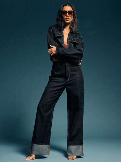 Denimoi High Rise Wide Leg Cuffed Denim Jeans Fashionable Fall And Winter Fashion