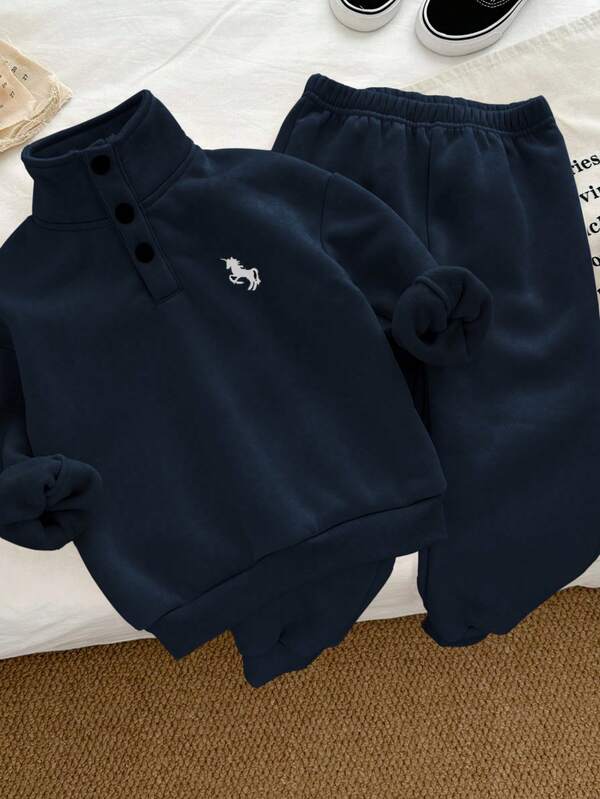 Genkimix Kids Kleine Jungen 2 Stücke Genkimix Bestickter Pegasus Halb-Reißverschluss Lässig Einfarbig Top + Einfarbig Lässig Jogginghose Set