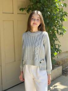 SHEIN 年轻女孩和年轻女孩毛衣，优雅可爱的粗针织不对称下摆纽扣饰边套头衫，柔软高品质休闲百搭毛衣，适合上学、外出、秋冬 - 灰色 - 查看 5